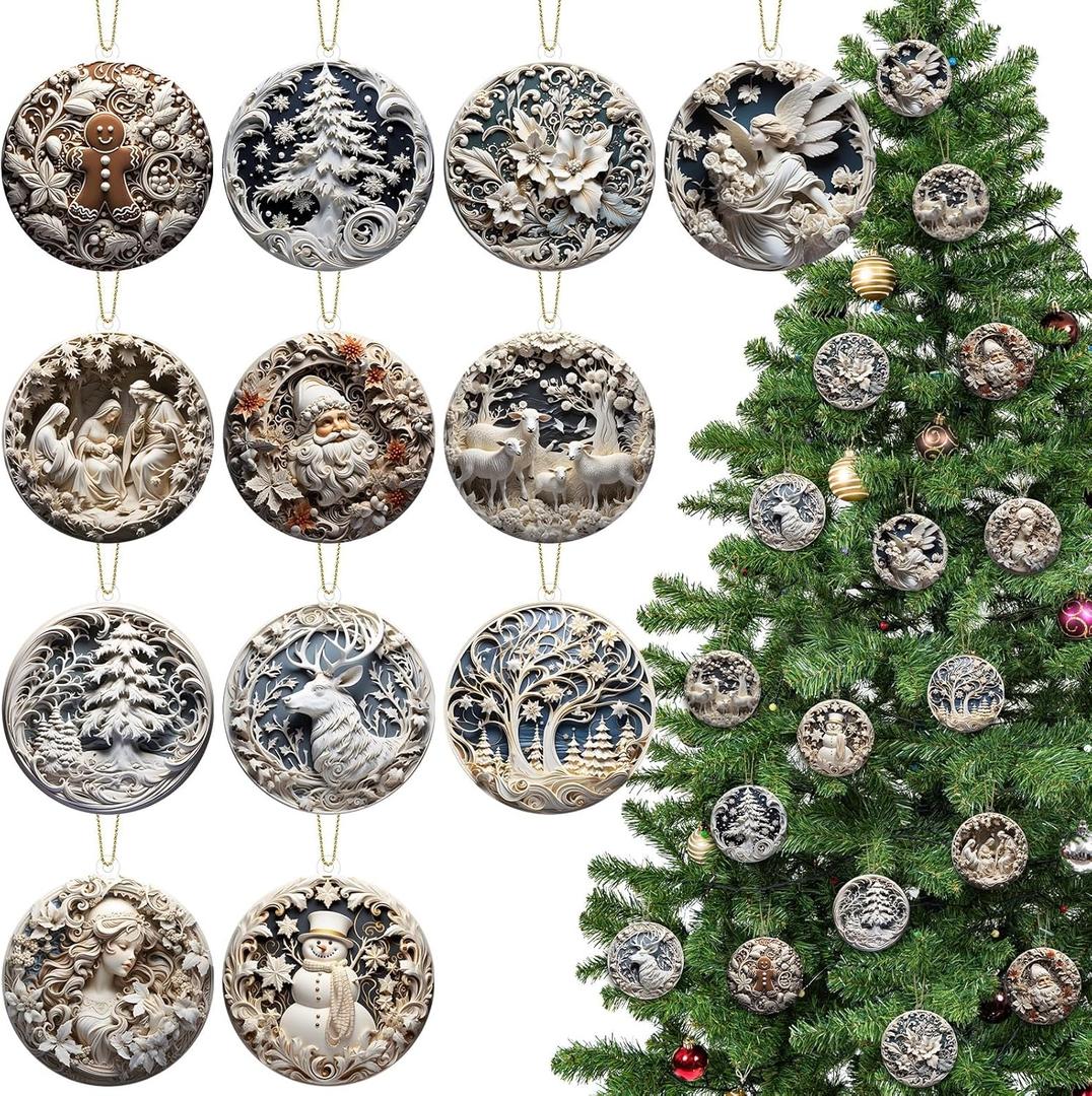 12 Pcs 3 Inch Christmas Nativity Scene Ornaments White 3D Embossed Look Ornament Santa Claus Snowman Gingerbread Tree Acrylic Double Sided Hanging Decor for Xmas Tree Gift(Vintage Design)
