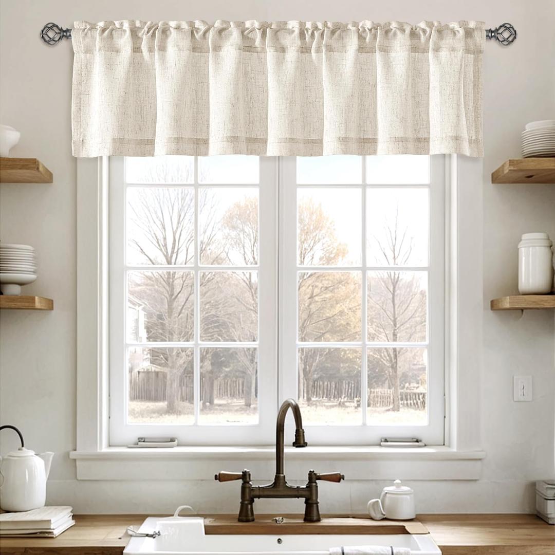 Linen Valance for Windows 2 Panels, Natural Ivory Rod Pocket Light Filtering Semi Sheer Soft Linen Window Treatment Drapes Farmhouse Burlap Rustic Curtains for Kitchen Living Room,54x15 inch