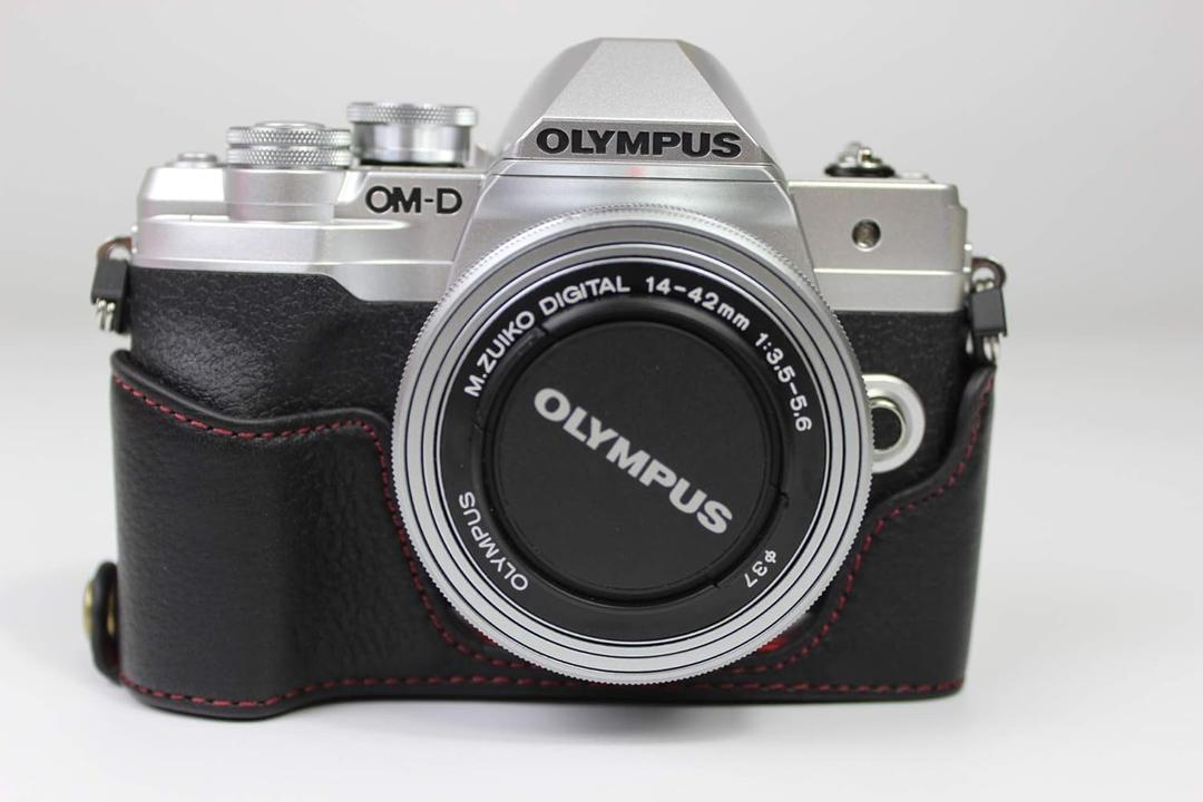 E-M10 Mark IV Case, BolinUS Handmade Genuine Real Leather Half Camera Case Bag Cover for Olympus OM-D E-M10 Mark IV Bottom Opening Version + Hand Strap (Black)