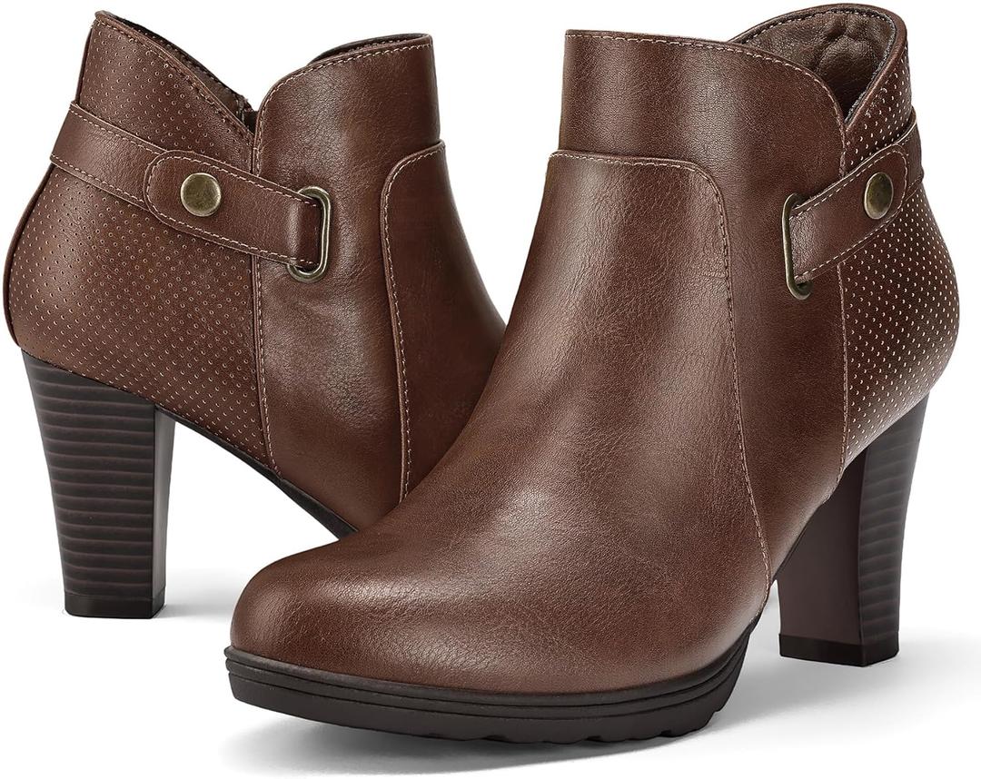 mysoft Women's Zipper Booties Chunky Stacked Heel Ankle Boots Buckle Strap Ankle (8.5, Dark Brown)