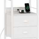 Furologee End Table with Charging Station, Nightstand with Fabric Drawers, Side Tables with USB Ports & Outlets, Night Stand with Storage Shelf & Hooks, for Living Room/Bedroom, White, 1 Pc
