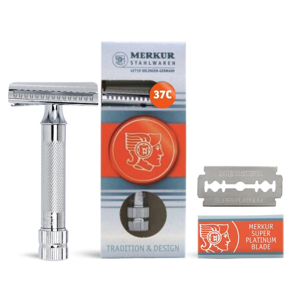 MERKUR 37C Double Edge Safety Razor | Slant Bar Design - Standard Handle | Made in Germany | Plastic-Free | Two Piece Design (1 Count (Pack of 1))