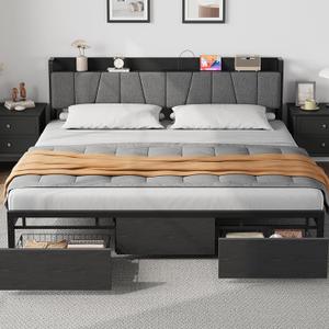 GarveeHome King Size Bed Frame with Storage Headboard, Black King Platform Bed with 2 Large Drawers and Charging Station, Industrial No Box Spring Needed Bedframe