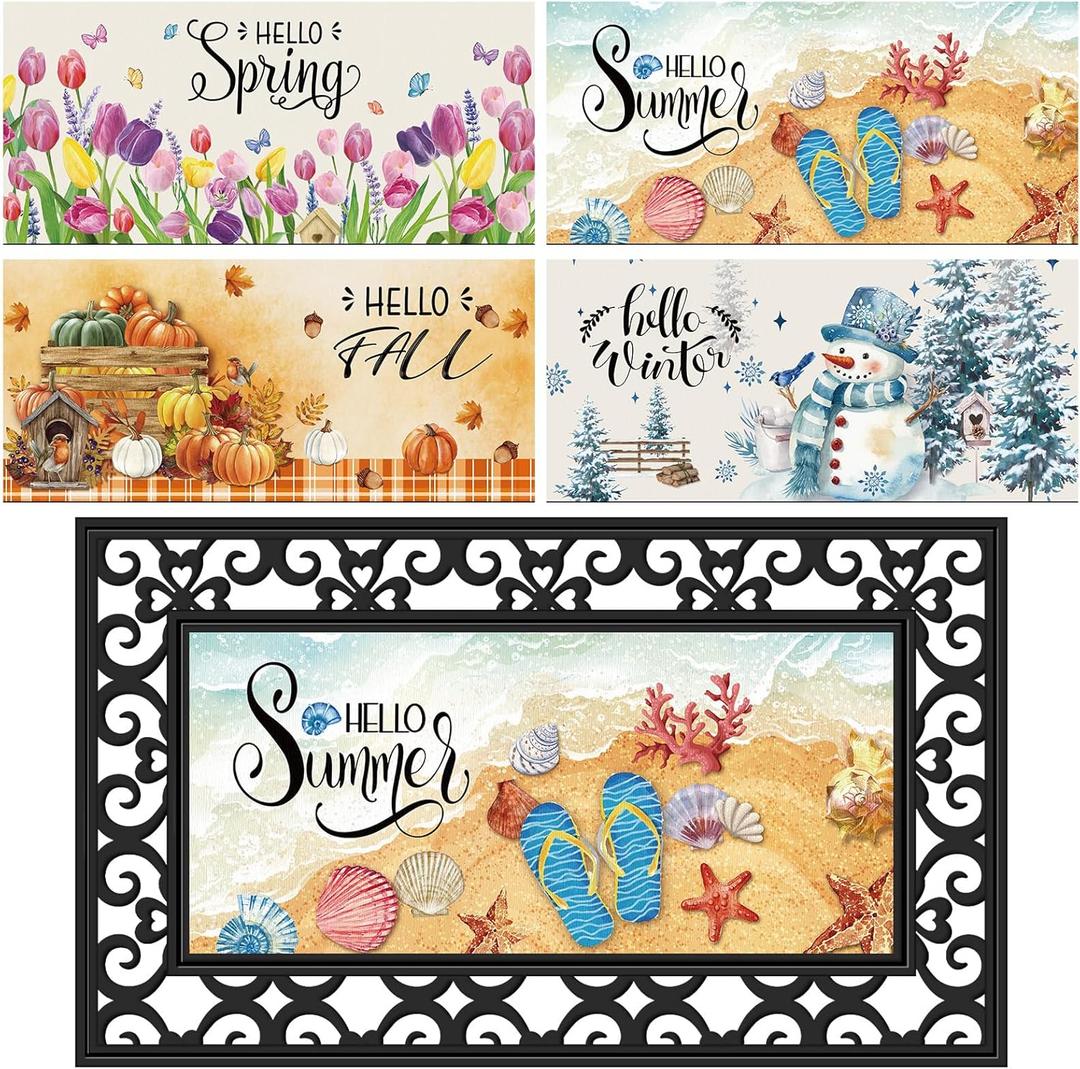 Tinideya 4 Pcs Doormat Inserts, 22 x 10 Inch Interchangeable Seasonal Welcome Doormat for Front Door, Summer Fall Non Slip Diatom Mud Door Mat for Holiday Entrance Decor, No Frame(Seasons)