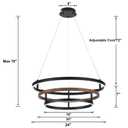 Three-Ring 24-inch Black Vintage Wood-Grain Farmhouse LED Chandelier with Remote Control and dimmable Brightness, Suitable for Dining Room, Kitchen, and Living Room. (black-24)