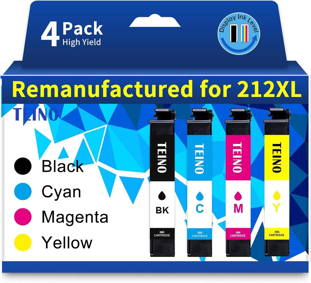 TEINO Remanufactured Ink Cartridge Replacement for Epson 212 T212 212XL Ink Cartridges for Epson Printer XP-4100 XP-4105 WF-2830 WF-2850 (Black Cyan Magenta Yellow, 4-Pack)