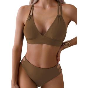 Fanuerg Women's Sexy V Neck Bikini Sets Hollow Out Two Piece Swimsuits Cutout Mid Waist Bathing Suit (Large, Brown)