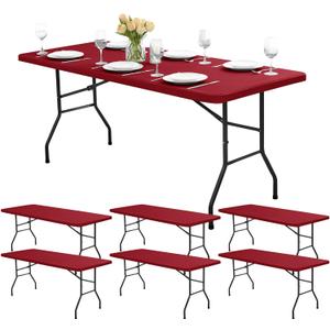 Fitted Tablecloths for 8ft Rectangle Tables - 6 Pack Outdoor Picnic Table Covers with Elastic, Washable Folding Table Protector for Party Banquet Graduation, 30x96 Inch, Red