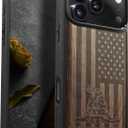 Carveit Magnetic Wooden Case for iPhone 17 Pro Max Case, Wood Artisan Engraved & Black Soft TPU Shockproof Cover, Compatible with MagSafe Wireless Chargers (Gadsden and The American Flag) Walnut