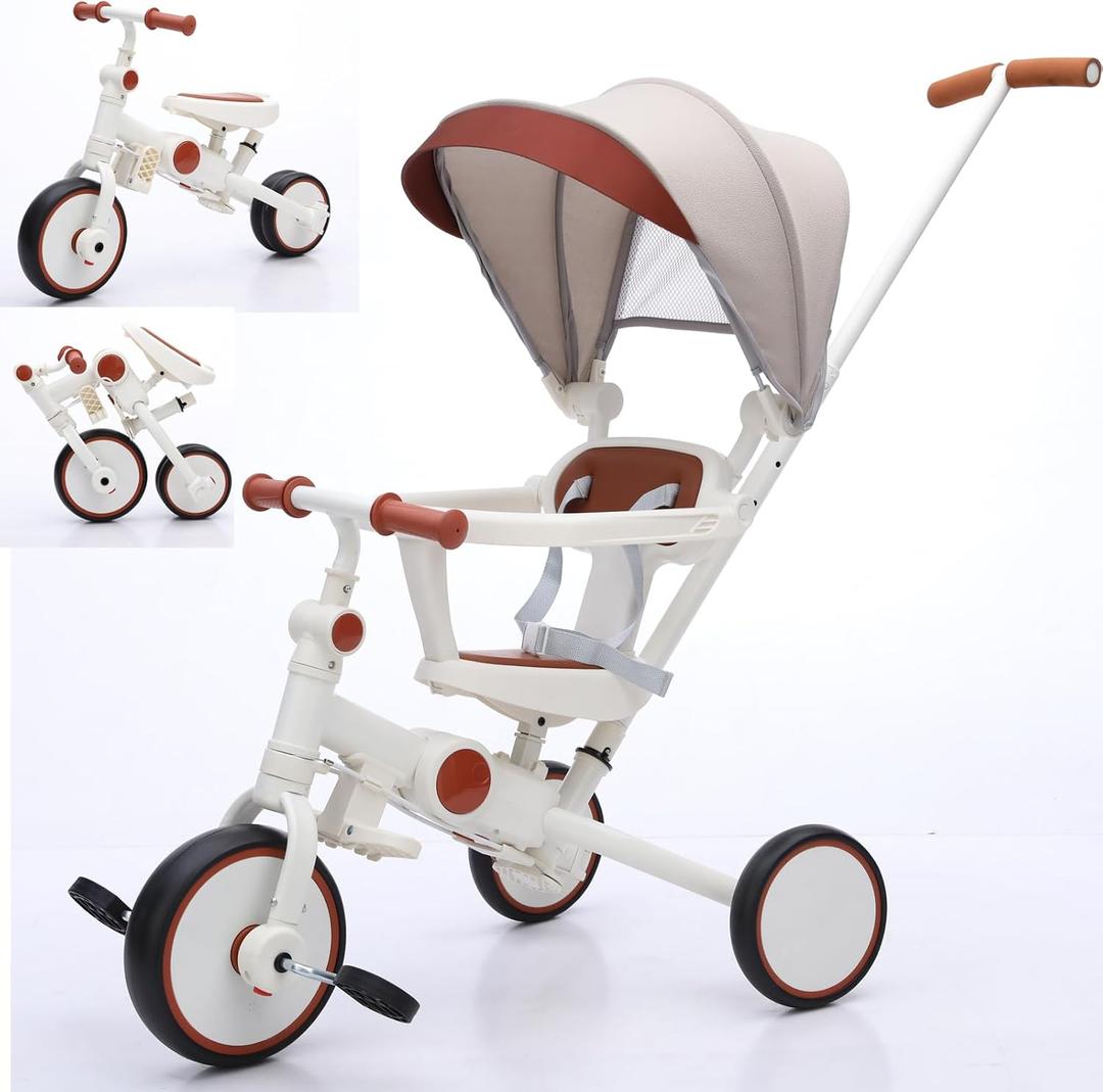 Toddler Push Foldable Tricycle with Canopy, 8 in 1 Balance Trike Baby Bike with Handle Toddler Tricycle for 1-3,Kids Folding Tricycles (White)