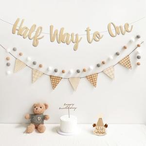 Half Way to One Birthday Banner Pre-Strung Pennant Felt Fabric Banner Flags and Pom Pom Garland, Party Hat for Half Birthday Decorations, Reusable Half Way to One Bunting Sign for Girl Boy 6 Months
