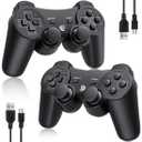 OKHAHA Controller 2 Pack for PS3 Wireless Controller for Sony Playstation 3, Double Shock 3, Bluetooth, Rechargeable, Motion Sensor, Remote for PS3 (No Stripes(Black + Black))