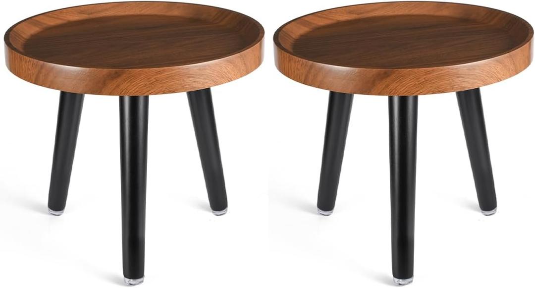 Indoor Plant Stand,Wood Mid Century Plant Table in Walnut Finish,Tall Plant Stand for Flower Pot,Modern Round Small Side End Table with Raised Design (Walnut, 12"x10.8" 2 Pack)