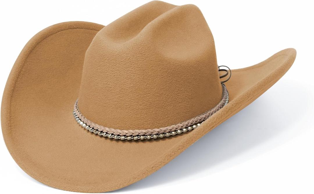 SAJUZEN Cowboy Hats for Women and Men with Wide Brim Felt Western Hats for Cowgirls and Cowboys (Medium, Camel)
