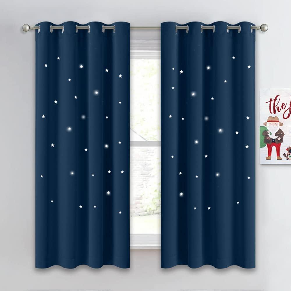 NICETOWN Kids Room Curtains with Laser Cutting Stars, Nursery Blackout Window Curtain Drapes for Light Blocking and Noise Reducing, W52 x L63 Inches Each Panel, Moroccan Blue, 1 Panel