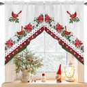 Christmas Poinsettia Swag Curtain Valance for Kitchen, Retro Cardinals Light Filtering Short Swag Topper for Windows Bedroom Bathroom Privacy Added Rod Pocket Design, 28"Wx36"L-2PCs, Red and White