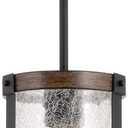 Kira Home Hadley 9" Modern Farmhouse Pendant Light, Crackled Glass Shade, Textured Black + Wood Finish Walnut Finish