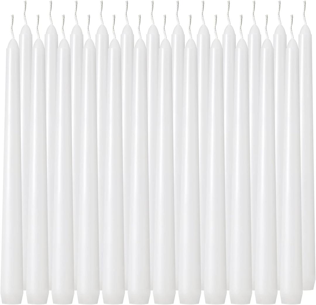 Tuyai 24 Pack Tall White Taper Candles, 10 inch (H) Dripless, Unscented Dinner Candle, Smokeless Taper Candles, Paraffin Wax with Cotton Wicks, 8 Hours Burn Time