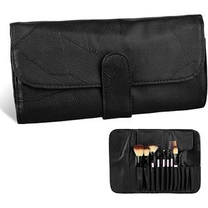 Makeup Brush Roll Up Organizer Bag Black Make Up Brush Travel Pouch, PU Leather Make up Brush Travel Case, Cosmetic Bags Holder for Women, Can Hold 12 Pockets Cosmetics Brushes