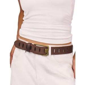 Womens Genuine Leather Belt for Jeans Pants Width 1.57" Western Cowgirl Wide Belts for Ladies with Gift Box (L: Fit for Low Waist 36"-40", Brown)
