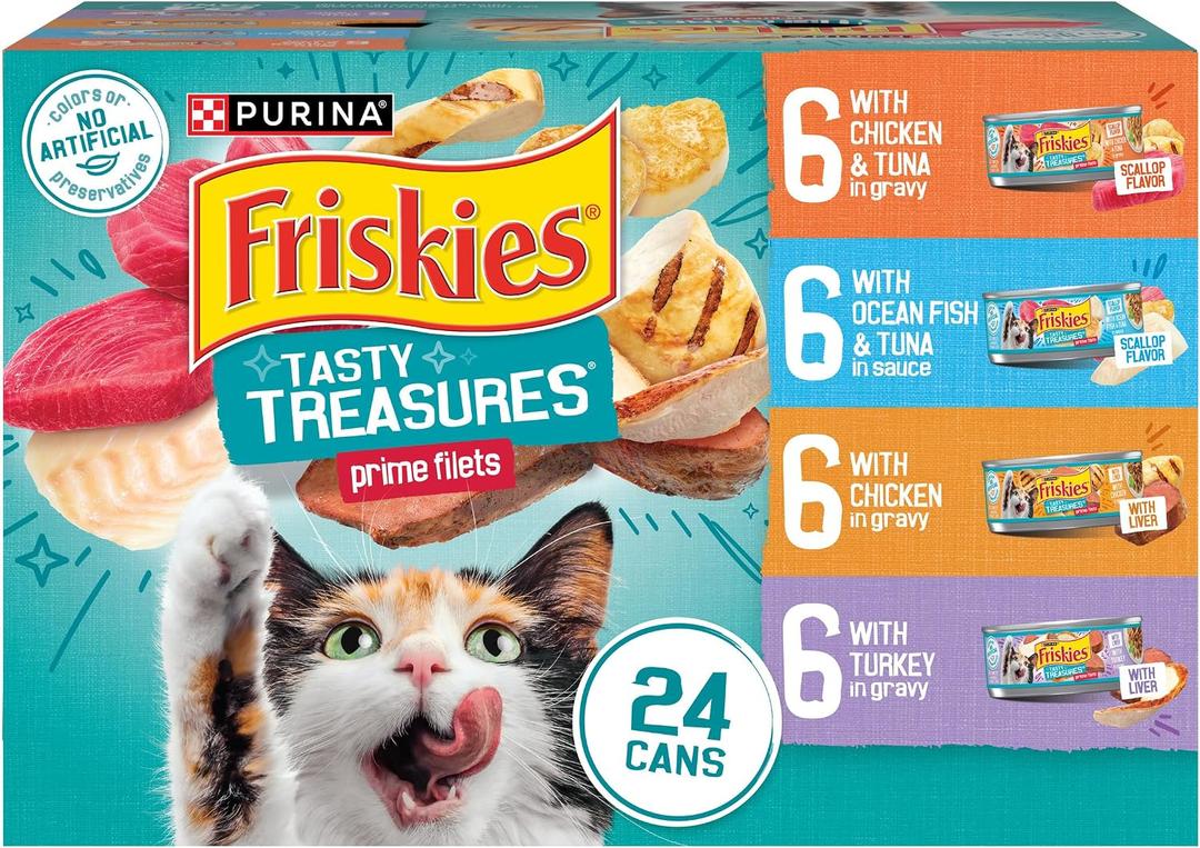 Purina Friskies Wet Cat Food Variety Pack, Tasty Treasures Prime Filets (With Chicken and Tuna, With Chicken, and With Ocean Fish and Tuna, and With Turkey) - (Pack of 24) 5.5 oz. Cans (EXP 07/01/27)