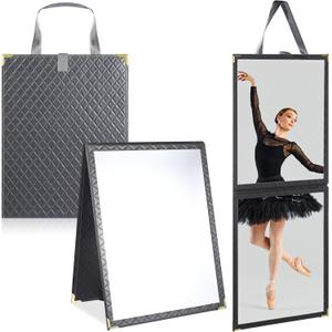 Foldable Backstage Mirror with Handle Leather Folding Hanging Mirror Rectangular for Travel Dance Bag Home Fitness Spa Gift for Dancers (Grey,33.5" l*13.4" w)