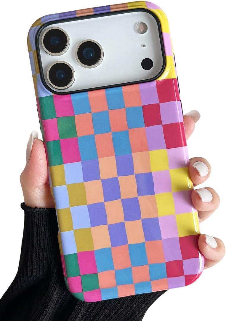 Compatible with iPhone 17 Pro Case6.3" with Cute Colorful Checkered Pattern, Shockproof Slim TPU and Hard PC Protective Phone Case for Women Girl Men - Colorful 3