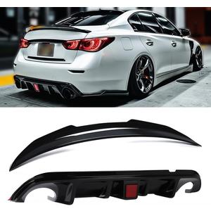 Duckbill Rear Spoiler & Rear Diffuser Compatible with Infiniti Q50 2014-2017 Sedan, Glossy Black Sport Style Trunk Wing Lip and Rear Bumper Splitter Kit