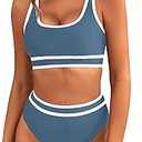 BMJL Women's High Waisted Bikini Sets Sporty Two Piece Swimsuits Color Block Cheeky High Cut Bathing Suits, Grey Blue, Large