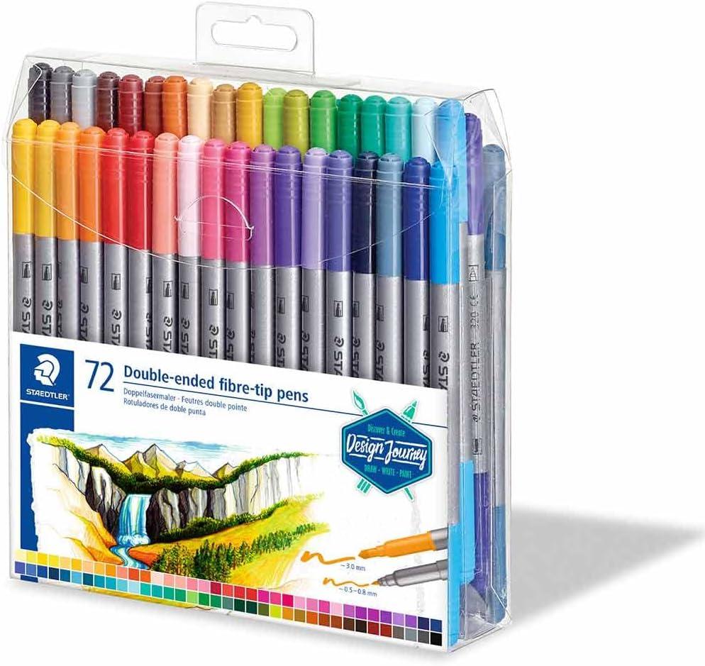 STAEDTLER 3200 TB72 Design Journey Double-Ended Fibre-Tip Pens with Two Nibs - Narrow and Wide, Pack of 72