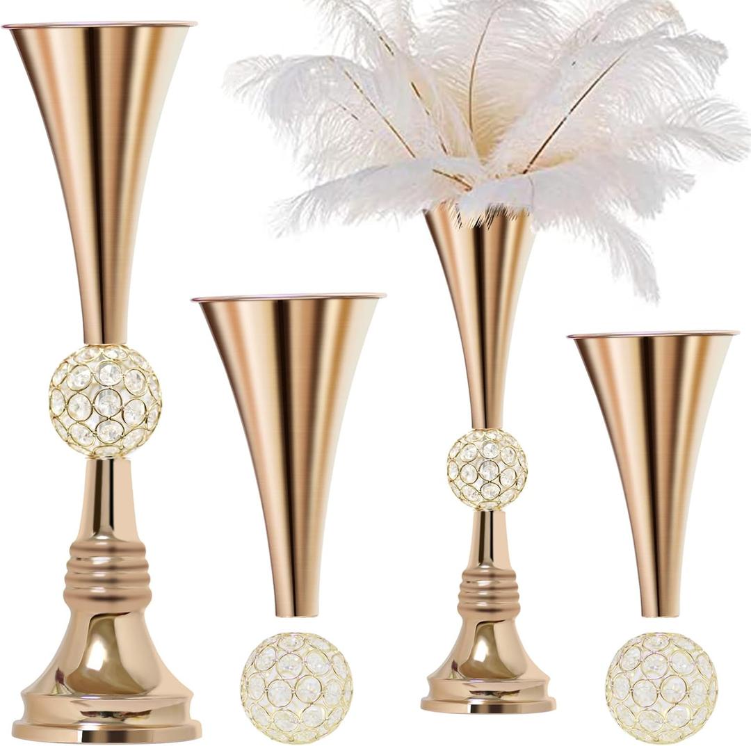 VIJIV 22" Gold Luxury Flower Vase for Wedding Centerpieces - Crystal-Embedded Tall Geometric Metal Vase for Feather, Rust-Resistant Table Decor for Gatsby Party/Reception/Hotel Floral Arrangements
