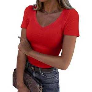 Roselux Women V Neck Ribbed Fitted Tight Tshirt Short Sleeve Shirt Basic Knit Top (Small, Red)