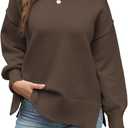 Womens Sweaters Crewneck Long Sleeve Pullover Tops Loose Fit Soft Knit Ribbed Hem Side Slit Casual Fall Winter Outfits (M)