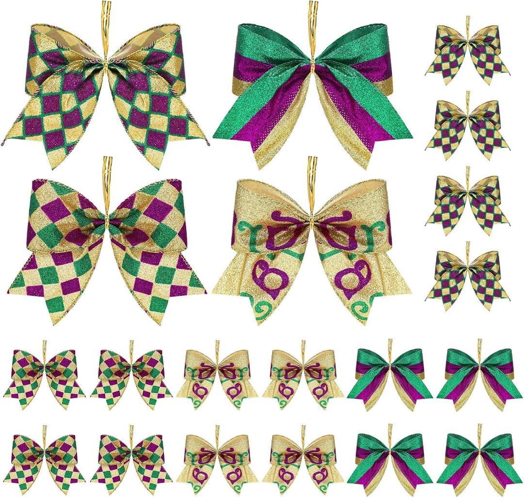 Tigeen 24 Pcs Mardi Gras Bow Decorations Mini Mardi Gras Wreath Bows New Orleans Bow for Front Door Tree Ornament Glitter Green Purple Gold Small Wired Bows for Carnival Party Fat Tuesday