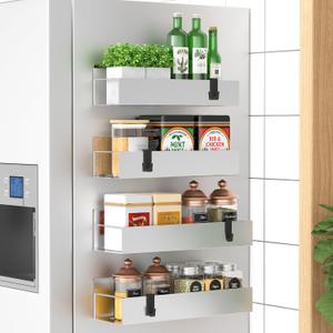 HuggieGems 4 Pack Magnetic Spice Storage Rack Organizer for Refrigerator and Oven, Silver Fridge Organizers and Storage