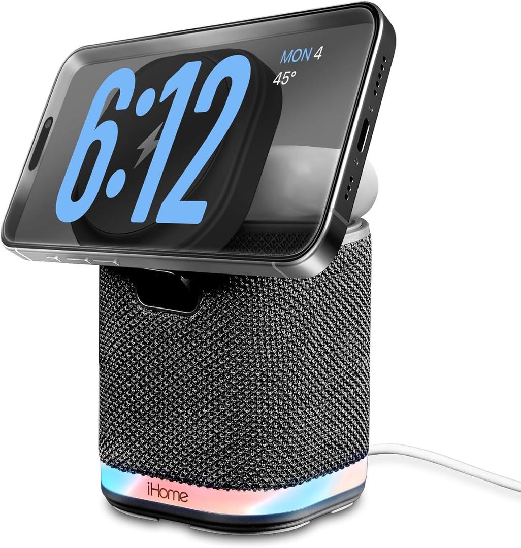 iHome Bluetooth Speaker with Wireless Charger, Charging Station with Color Changing Night Light - Dark Gray (iPBT50DG)