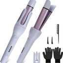 Automatic Hair Curler, Auto Curling Iron for Kids Beginners, 2-in-1 Hair Styling Tool Flat Iron & Curler, 3 Temp Settings, 10s Timer, Ceramic Coating, Dual Voltage, Includes Comb, Gloves & Hair Clips