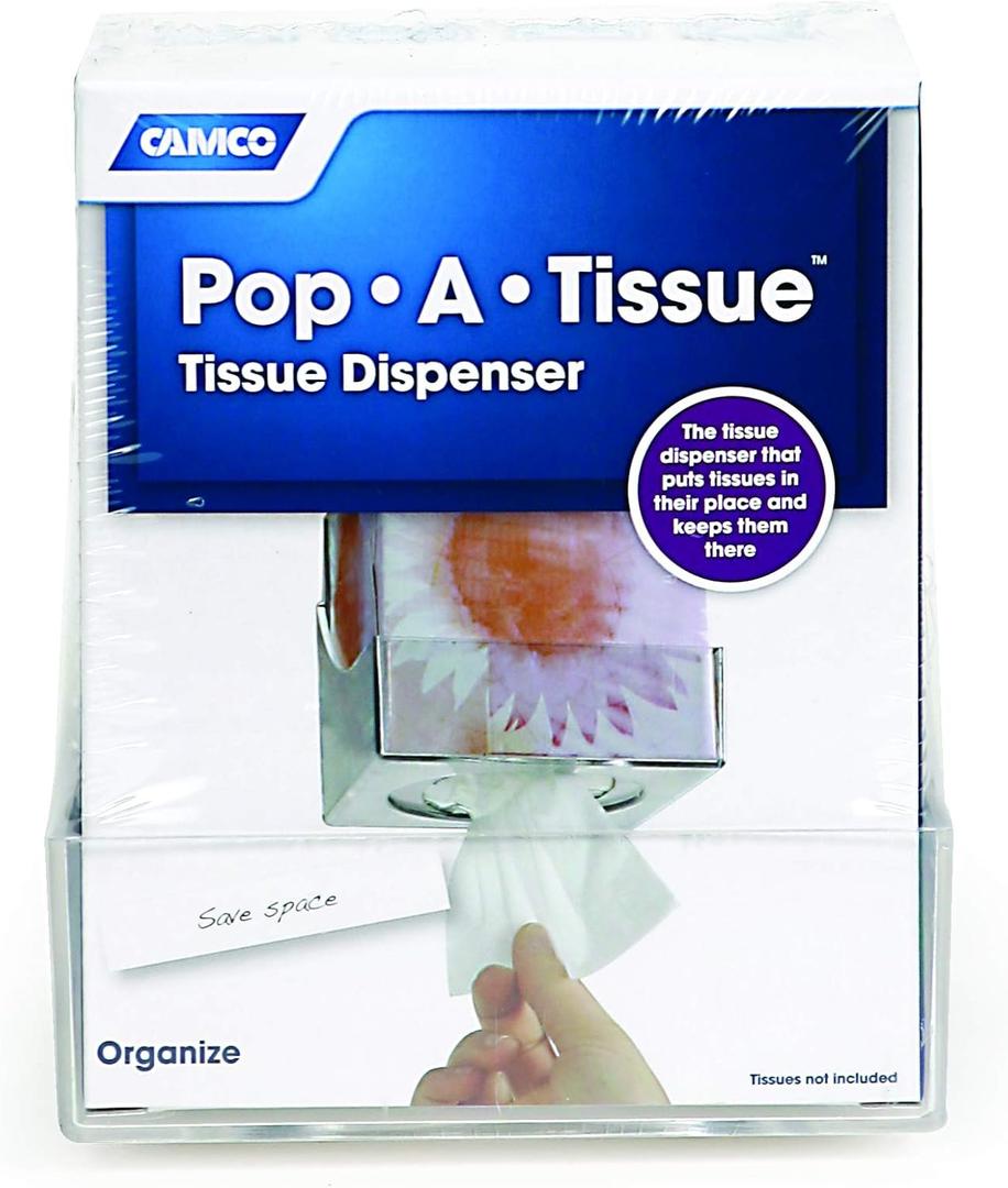 Camco Pop-A-Tissue- Tissue Box Holder- Mounts to Walls and Cabinets, Dispenses Tissue and Holds Tissue Boxes Upward or Downward- Perfect for RVs and Trailers, Easy Install - Clear (57101)