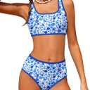 NECIOUS Teen Girls Swimsuits Two Piece Sporty Bikini Sets Color Contrast Trim Adjustable Straps Swimsuit with Chest Pad 15-16Y