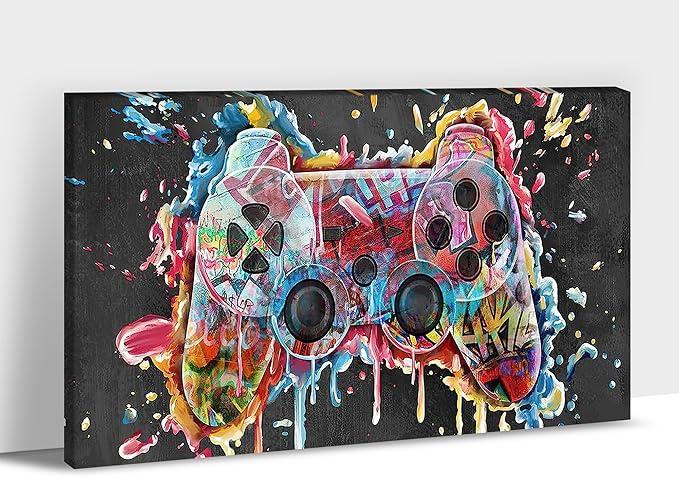 HOMEOART Game Room Decor Gaming Art Boys Game Room Wall Decor Gamepad Graffiti Painting Framed Canvas Print Gamer Play Room Decor Framed Ready to Hang (Charcoal Grey)