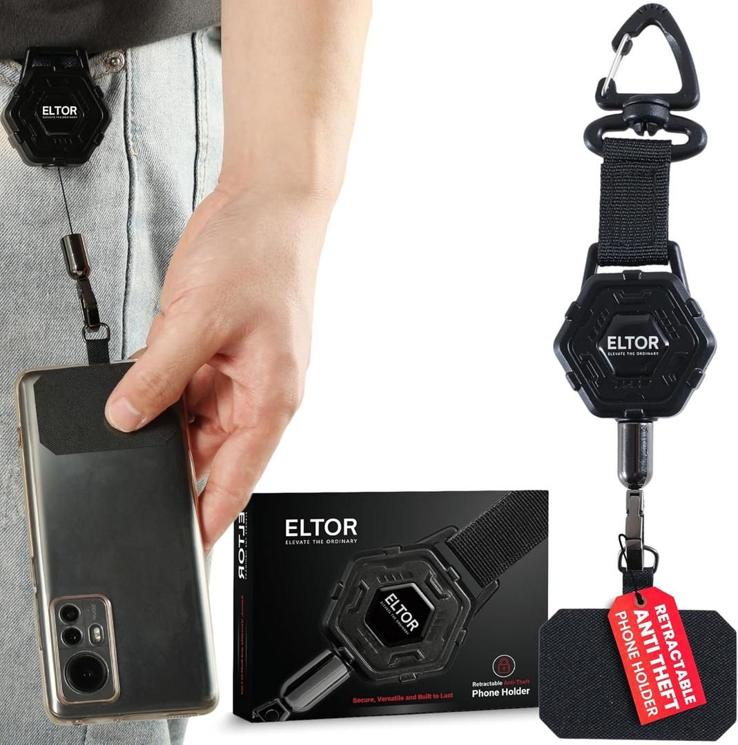 ELTOR Primium Retractable Anti Theft Phone Holder with Heavy Duty Carabiner Belt Clip 31in Extension, Durable Strap Tool Clutchloop. ID Badge Keychain hook Phone tether Prevent Drops
