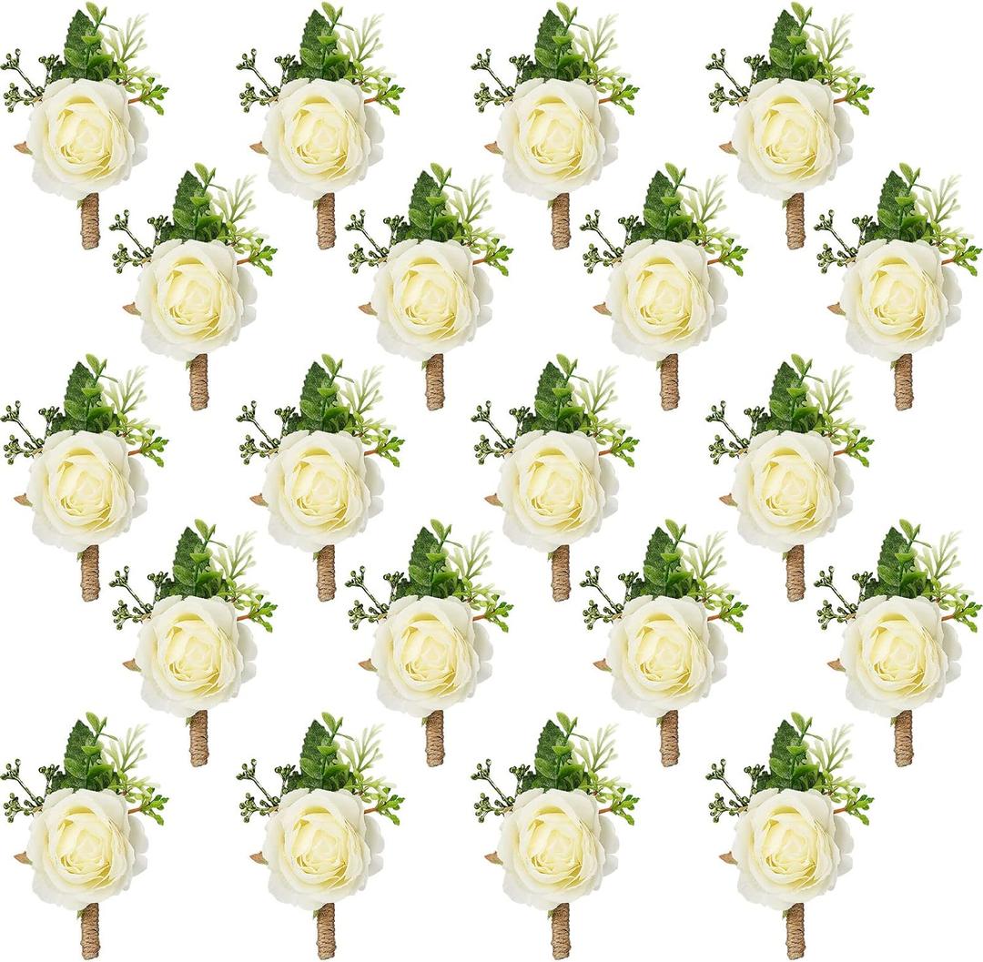 Sherr 10 Pcs Rose Boutonniere for Men Wedding Corsage Rose Groom and Groomsmen Boutonniere with Artificial Flower for Rustic Vintage Wedding Ceremony Anniversary Dinner Prom Party (White)