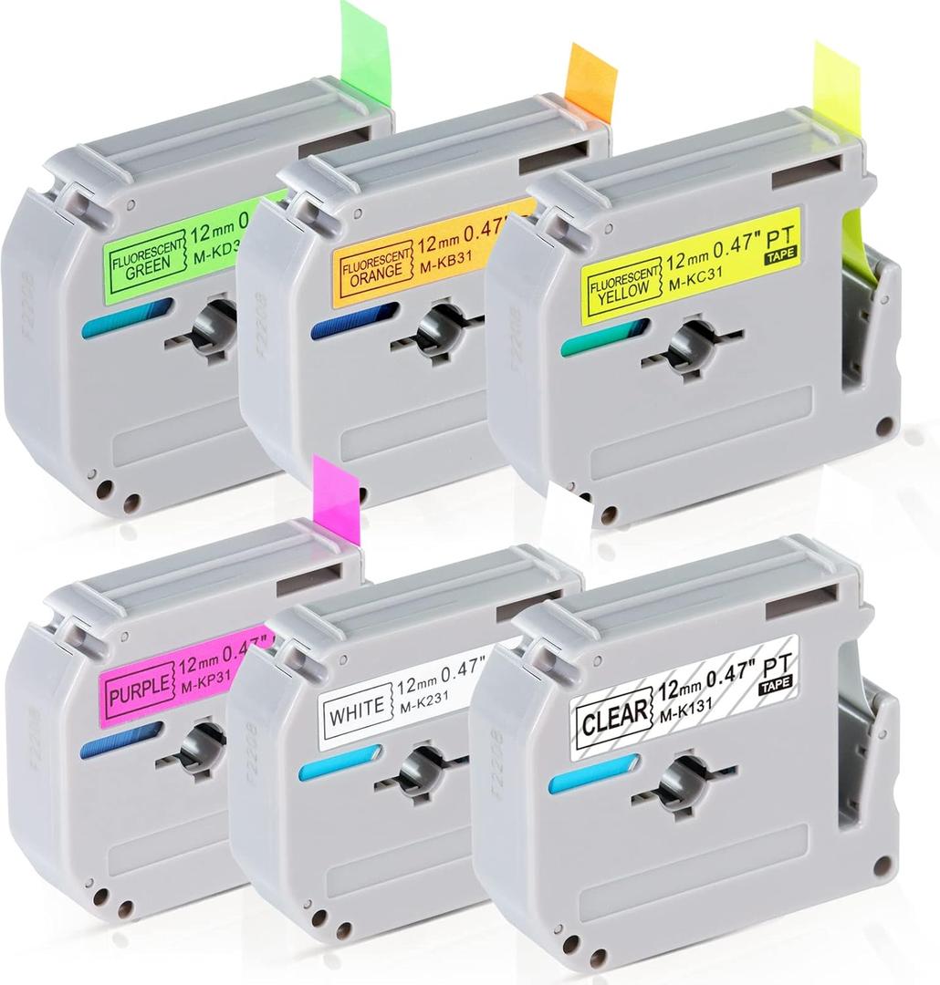 6 x Fluorescent Color Label Maker Tape Compatible with Brother Label Maker Replacement for P-Touch Label Tape 12mm 0.47Inch M-K231 M Tape Work with PT-M95 PT-90 PT-70 PT-65 PT-85 (Clear / White / Purple / Fluorescent Yellow / Fluorescent Green / Fluorescent Orange)
