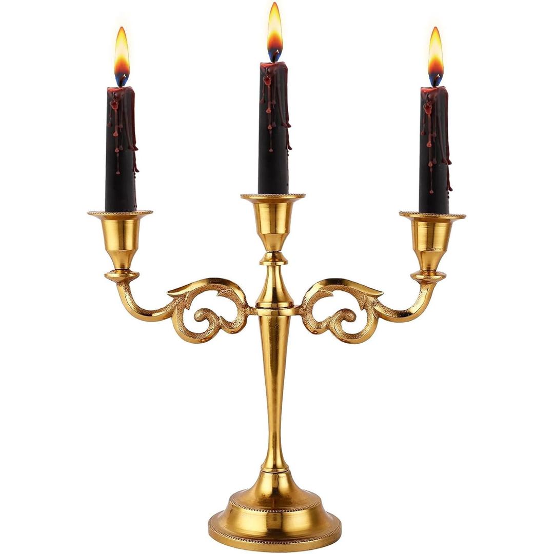 Rely+ 3 Arm Gold Candelabra Candles Holder Halloween Decor Candlestick Holders Thanksgiving Gifts