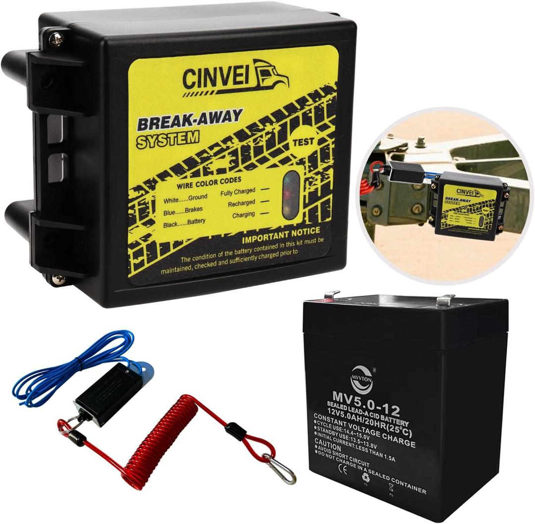 Trailer Brakes Break-Away Kit, Side Load Break-Away Controller System with Switch and LED Indicator, Built-in 12V 5AH Battery, Suitable for Trailer Caravans