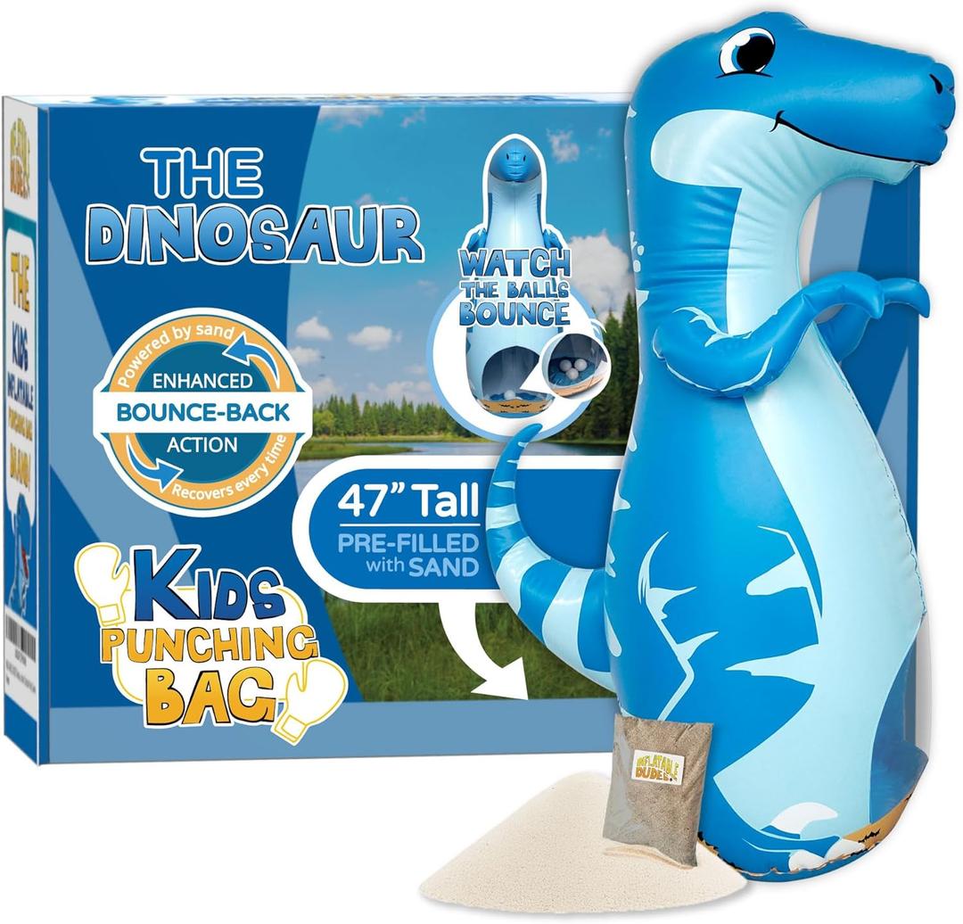 INFLATABLE DUDES Dinosaur Toy 47 Inches - Kids Punching Bag | Already Filled with Sand| Bop Bag | Blue Velociraptor| Punching Bag for Kids | Dinosaur Birthday Decorations | 3 White Balls Inside- (Vee)