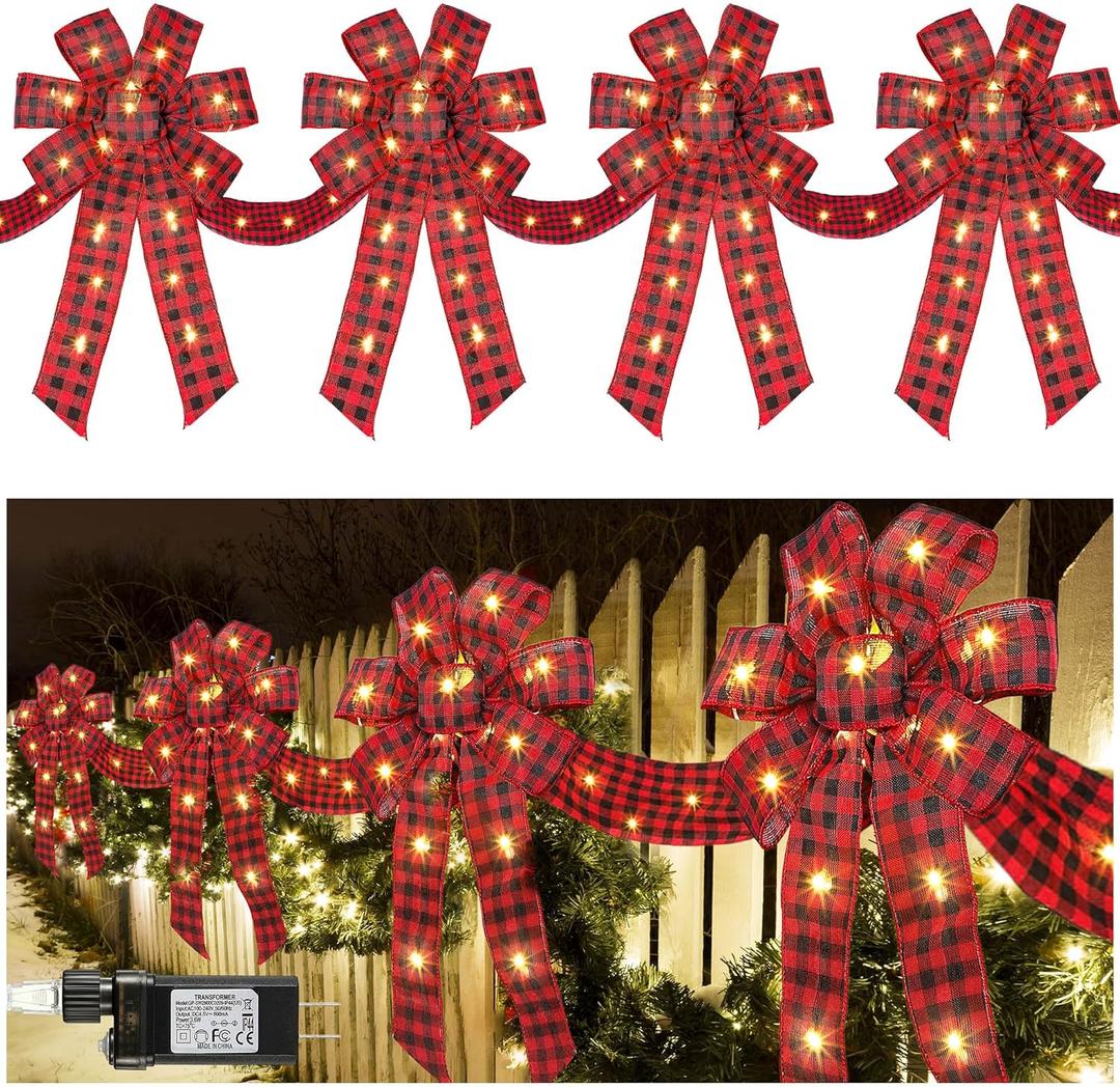 Enhon 4 Pack Lighted Christmas Ribbon and Bows Fence Decoration, 13 ft Long 20 x 11'' Large Christmas Bows Garland with 8 Modes and Timing for Eave Stair Outdoor Decor (Red Plaid)
