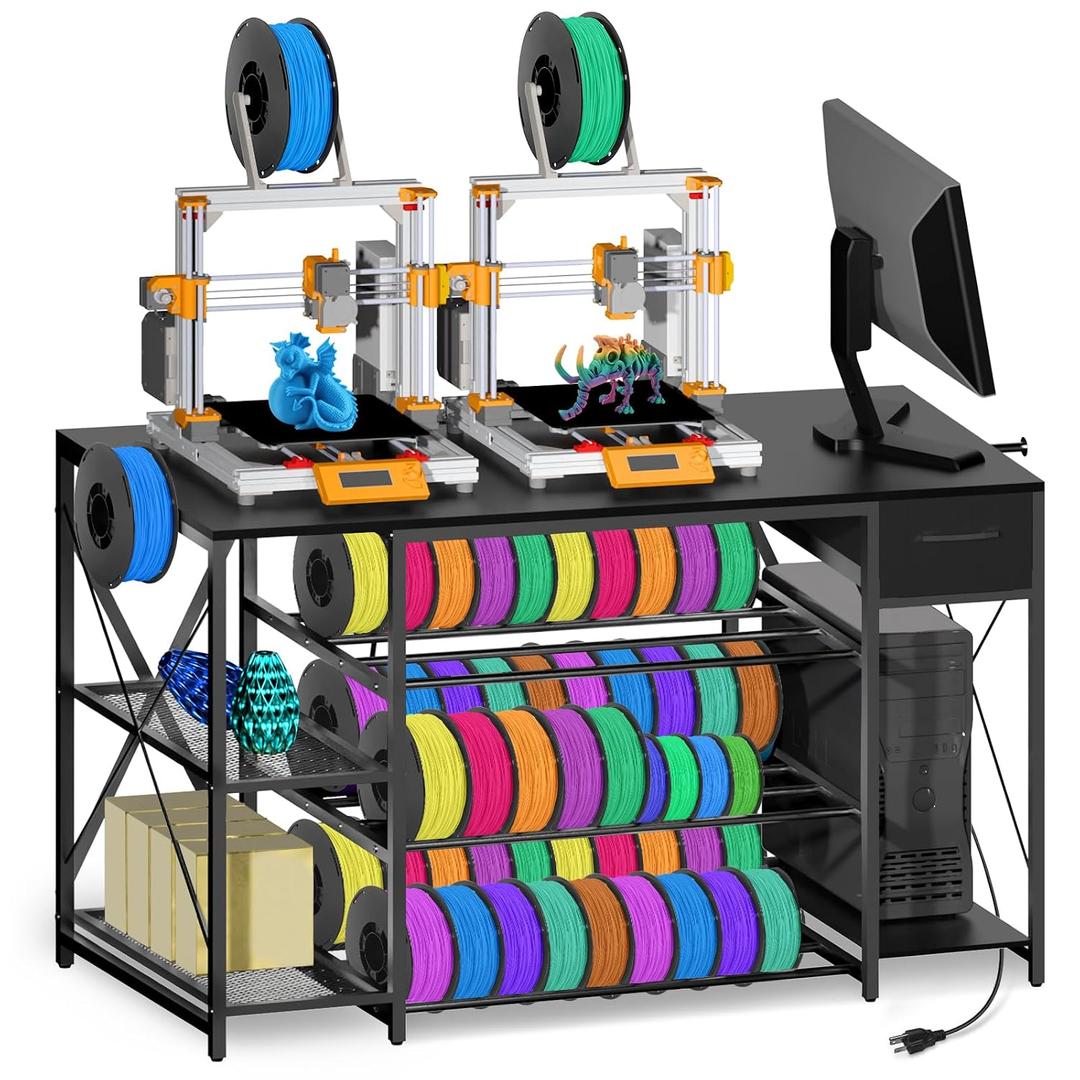 3D Printer Stand with Charging Station,Large 4-Tier 3D Printers Table with Holds 60+ Filament Storage and Storage Drawer,Filament Rack,Heavy Duty 3D Printer Desk for Workshop,Office and Garage,Black