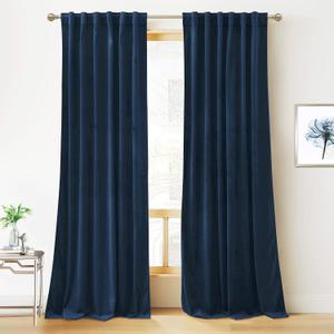 RYB HOME Velvet Curtains 108 inches - Blackout Curtains for Living Room,Thermal Insulated Noise Reducing Panel Soft Vertical Sense Window Decor for Cottage Farmhouse, Navy Blue, W52 x L108, 2 Panels