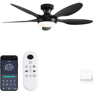 Ceiling Fan with Lights, 46 Inch Low Profile Ceiling Fan with Light and Remote Control, Flush Mount, 6 Speeds Reversible, Dimmable Noiseless Ceiling Fans for Bedroom, Black
